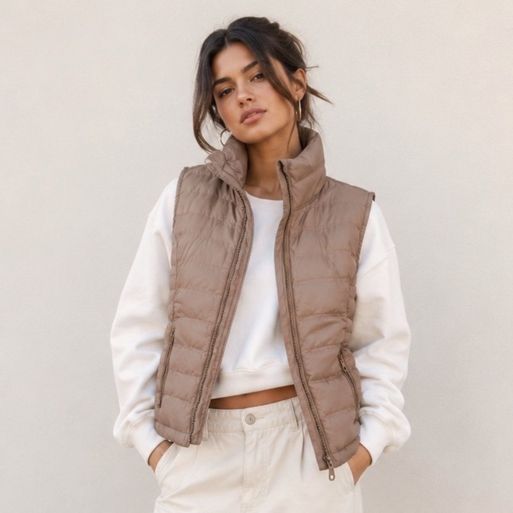 LA Coalition Puffer Vest Taupe Quilted Zip Up Stand Collar Pockets S